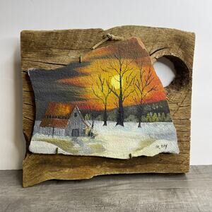 Vintage Hand painted Cabin Scene Rock Salvage Wood Wall Hanging Plaque by M. Gay